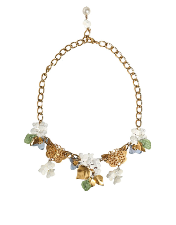 Multicolor Floral Decor Crystal Gold Brass Chain Necklace