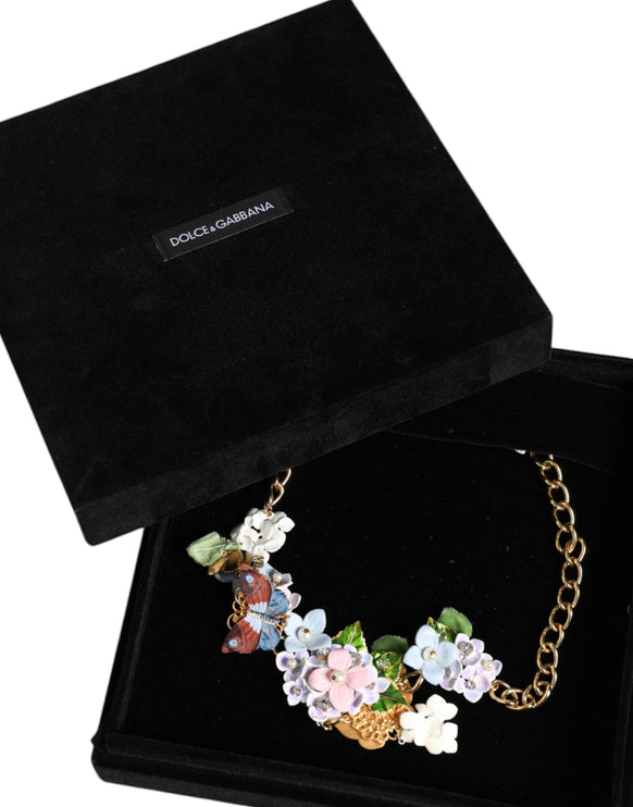 Multicolor Floral Decor Crystal Gold Brass Chain Necklace