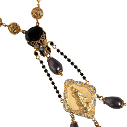 Gold Chain Brass Black Beaded Rosary Style Necklace