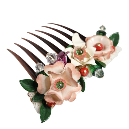 Brown Plastic Crystal Floral Women Hair Comb