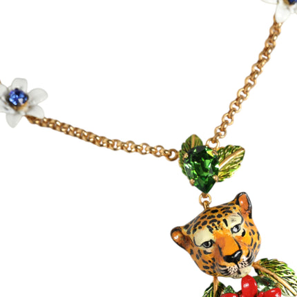 Gold Brass Leopard Flower Embellished Statement Necklace