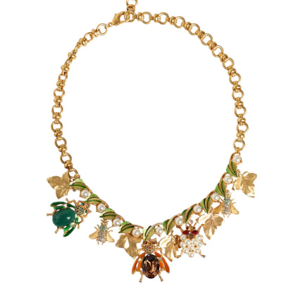 Gold Brass Crystal Bug Charm Pendant Statement Necklace