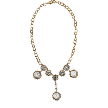 Gold Chain Brass Crystal Clock Statement Necklace