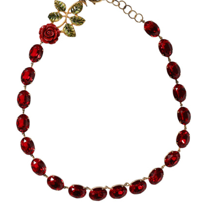 Gold Chain Brass Red Rose Crystal Embellished Necklace