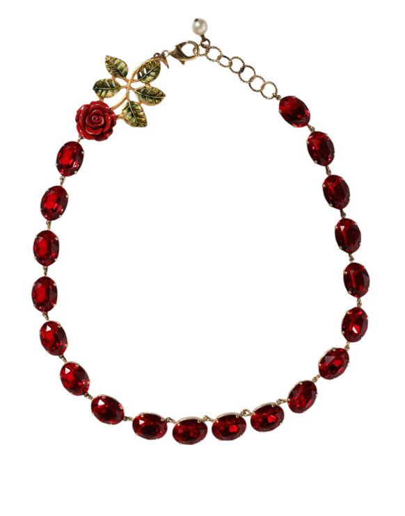 Gold Chain Brass Red Rose Crystal Embellished Necklace