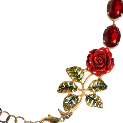 Gold Chain Brass Red Rose Crystal Embellished Necklace