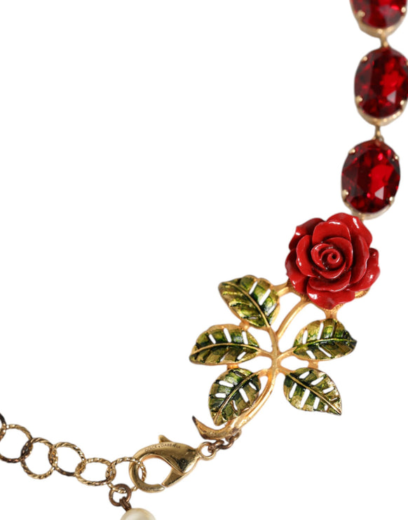 Gold Chain Brass Red Rose Crystal Embellished Necklace