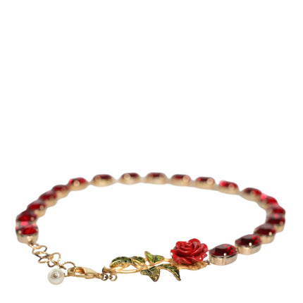 Gold Chain Brass Red Rose Crystal Embellished Necklace