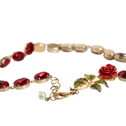 Gold Chain Brass Red Rose Crystal Embellished Necklace