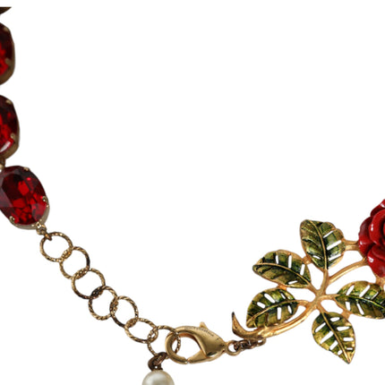 Gold Chain Brass Red Rose Crystal Embellished Necklace