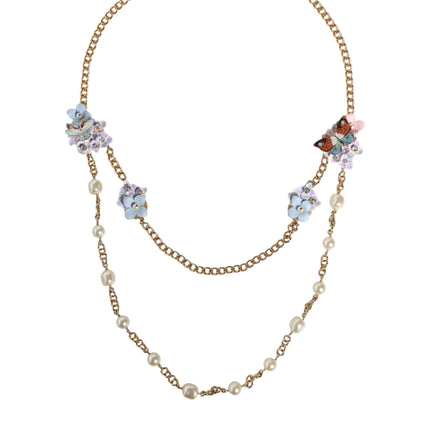 Gold Chain Brass Floral Layered Crystal Pearl Necklace