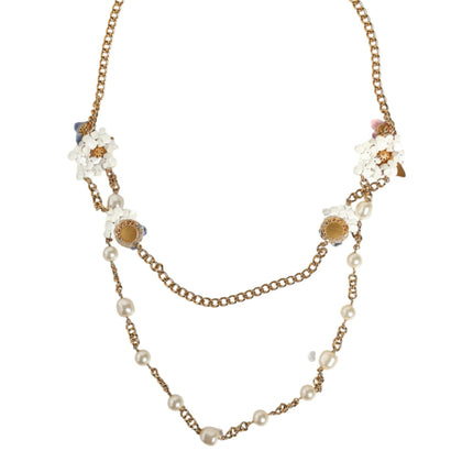 Gold Chain Brass Floral Layered Crystal Pearl Necklace