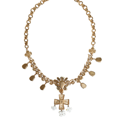 Gold Brass Chain Floral Crystal Cross Pendant Necklace