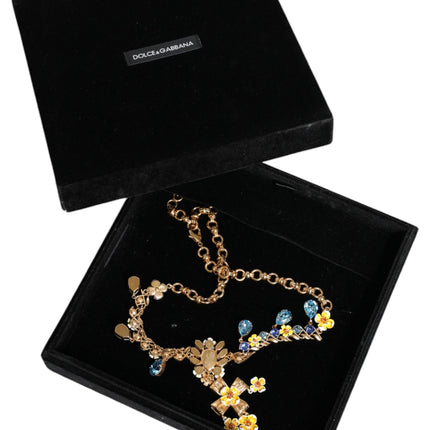 Gold Brass Chain Floral Crystal Cross Pendant Necklace