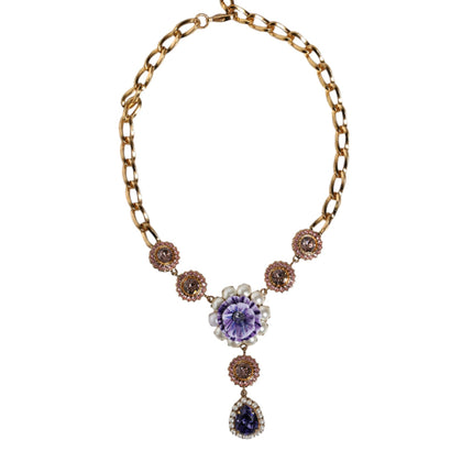 Gold Brass Crystal Purple Pink Pearl Pendants Necklace