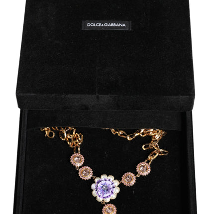 Gold Brass Crystal Purple Pink Pearl Pendants Necklace