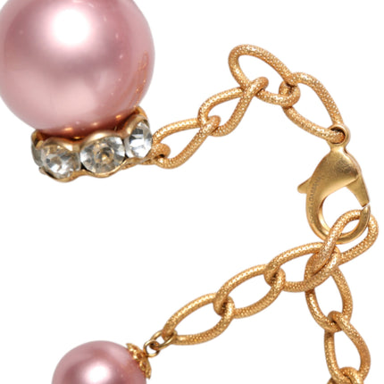 Pink Maxi Faux Pearl Beads Crystals Gold Chain Necklace