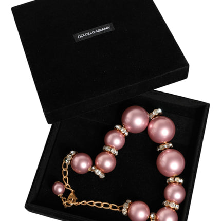 Pink Maxi Faux Pearl Beads Crystals Gold Chain Necklace