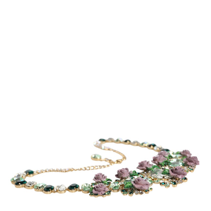 Gold Brass Link Chain Rose Petal Crystal Embellished Necklace