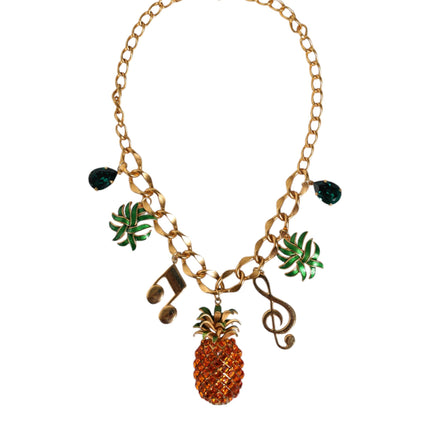 Gold Tone Brass Chain Pineapple Crystal Musical Necklace