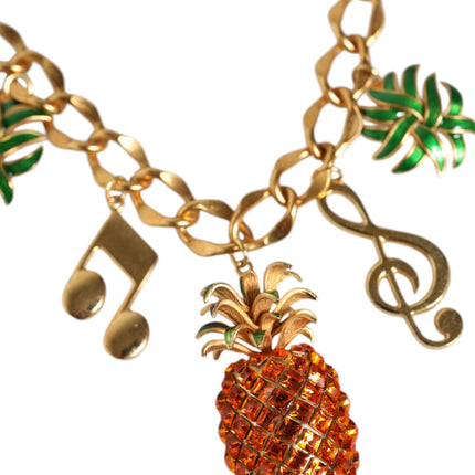 Gold Tone Brass Chain Pineapple Crystal Musical Necklace