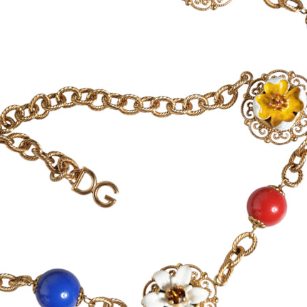 Gold Tone Brass Chain Floral Crystal Beaded Necklace