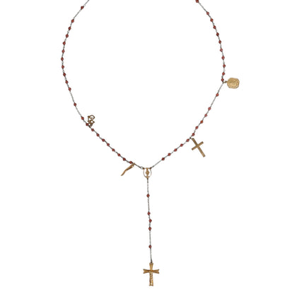 Gold Chain Brass Beaded Rosary Cross Pendant Necklace