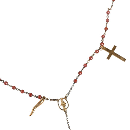 Gold Chain Brass Beaded Rosary Cross Pendant Necklace