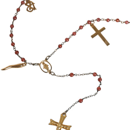 Gold Chain Brass Beaded Rosary Cross Pendant Necklace