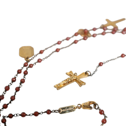 Gold Chain Brass Beaded Rosary Cross Pendant Necklace