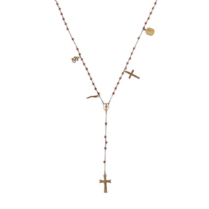 Gold Chain Brass Beaded Rosary Cross Pendant Necklace