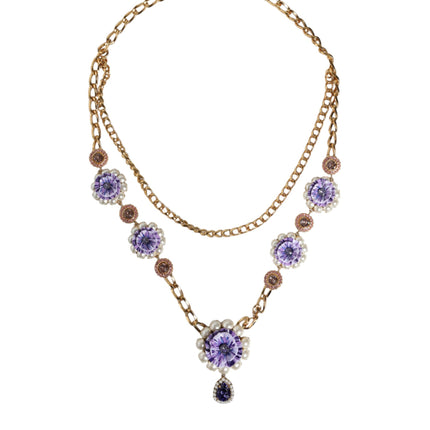 Gold Tone Floral Crystals Embellished Layered Necklace