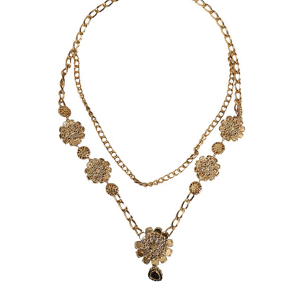 Gold Tone Floral Crystals Embellished Layered Necklace