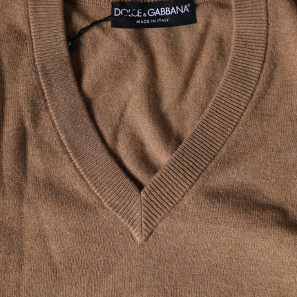 Brown Cashmere Knit V-neck Pullover Sweater