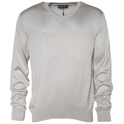 Off White Silk V-neck Long Sleeves Pullover Sweater