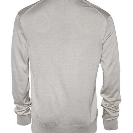 Off White Silk V-neck Long Sleeves Pullover Sweater