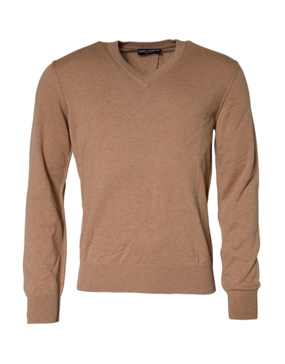 Brown Cashmere Knit V-neck Pullover Sweater