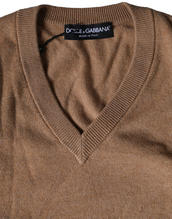 Brown Cashmere Knit V-neck Pullover Sweater