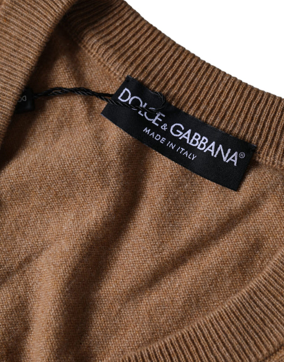 Brown Cashmere Knit V-neck Pullover Sweater