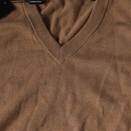 Brown Cashmere Knit V-neck Pullover Sweater