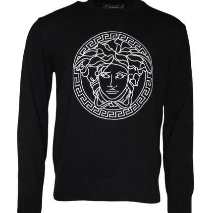 Black Medusa Embroidery Crew Neck Pullover Sweater