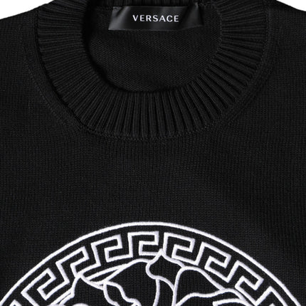 Black Medusa Embroidery Crew Neck Pullover Sweater