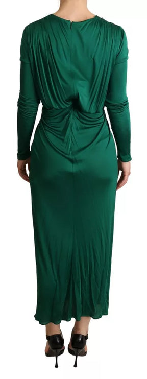 Dark Green Viscose Long Sleeve Midi Dress