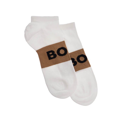 Boss low-cut gray and white socks with gold logo and brown band