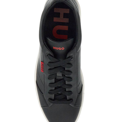 Hugo men's minimalist black sneakers with rubber sole and red logo