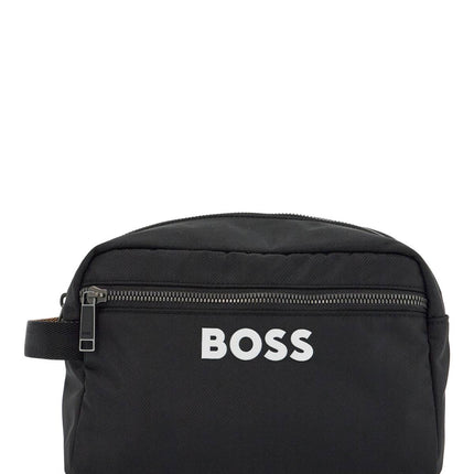 Boss black minimalist travel beauty case in eco-leather with zip