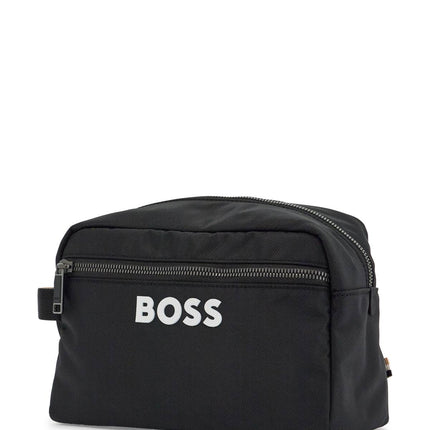 Boss black minimalist travel beauty case in eco-leather with zip