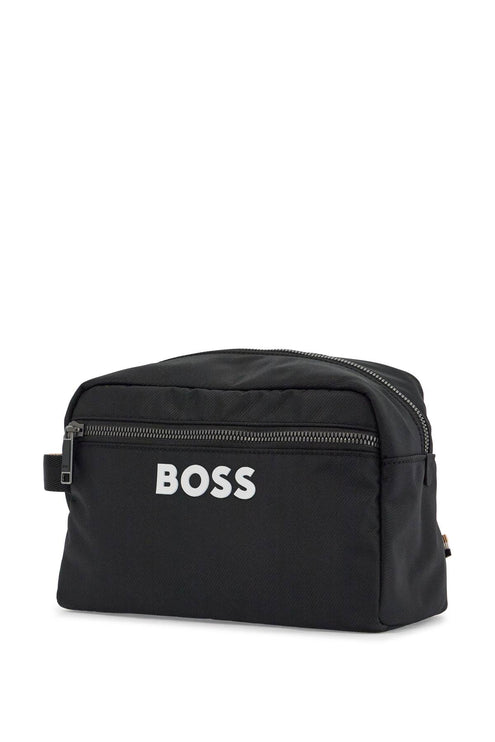 Boss black minimalist travel beauty case in eco-leather with zip