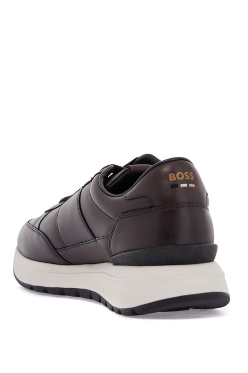 Boss men's dark brown leather sneakers with rubber sole jace_runn_bu