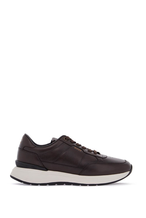 Boss men's dark brown leather sneakers with rubber sole jace_runn_bu